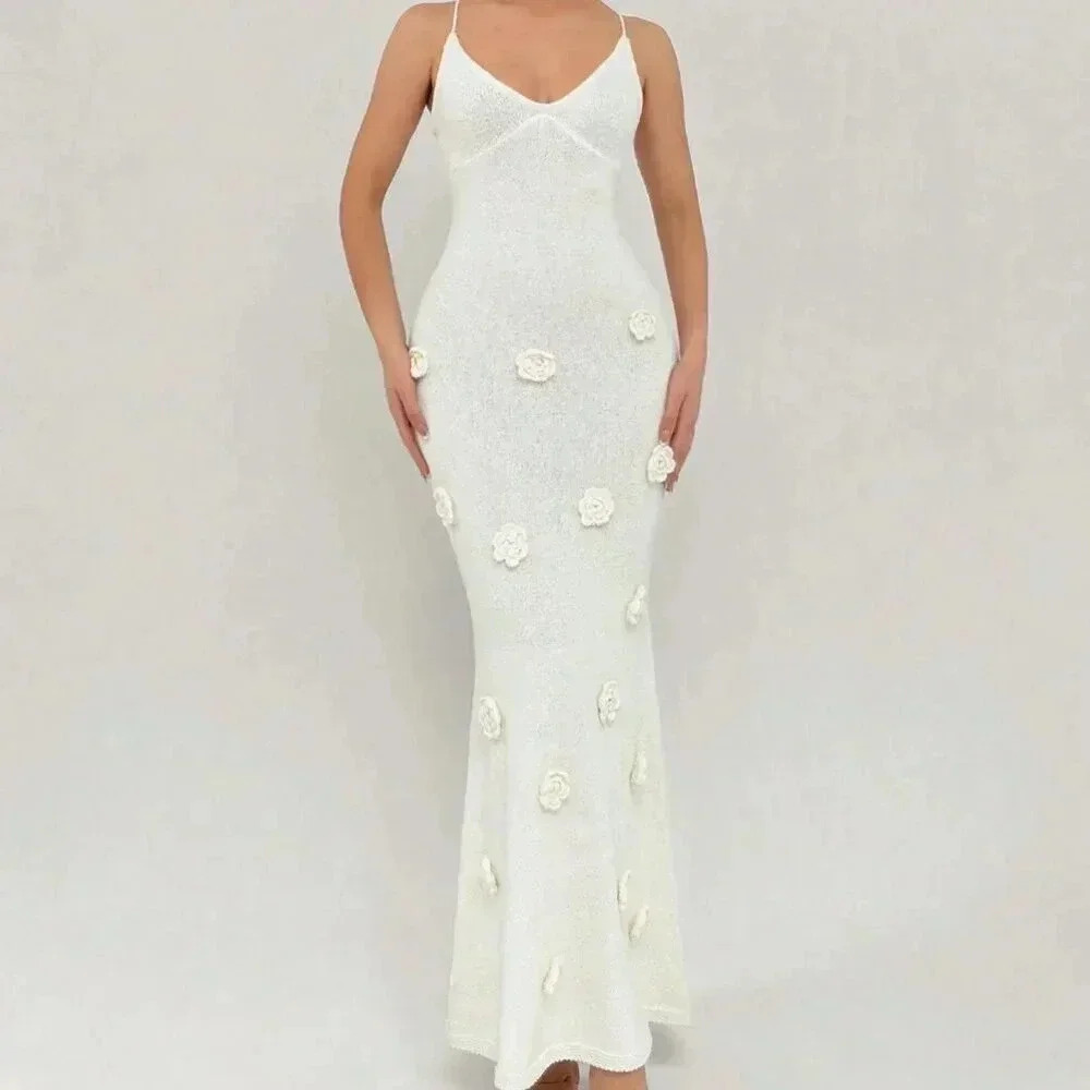 Beige Elegant Women's Backless Knit Dress With Tailored Flowers